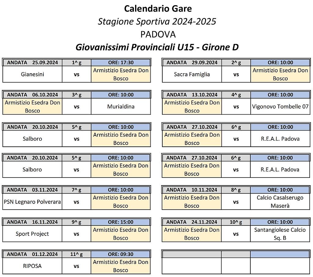 Calendario Armistizio Esedra Don Bosco Padova Giovanissimi Provinciali U15 Girone D SS 2024 2025