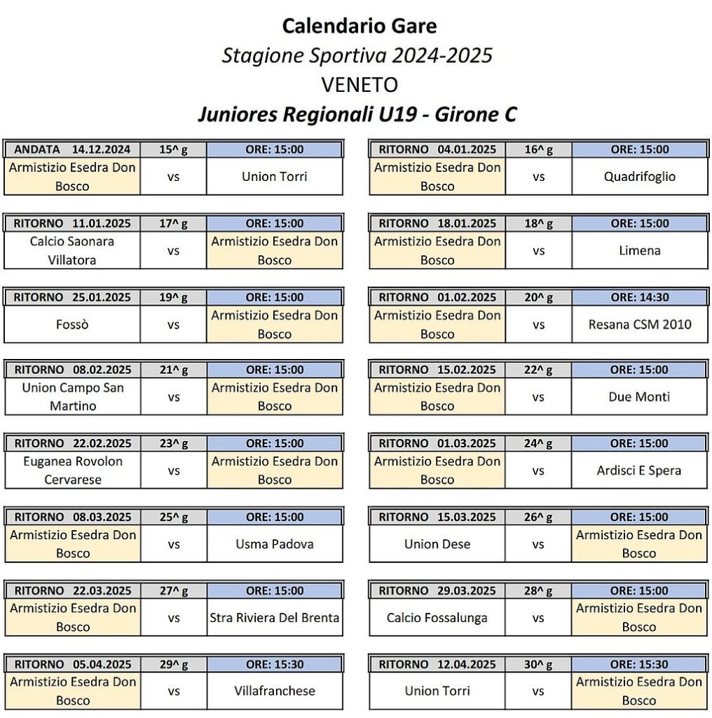 Calendario ritorno Calcio Armistizio Esedra Don Bosco Juniores Regionali U19 Girone C Stagione Sportiva 2024-2025